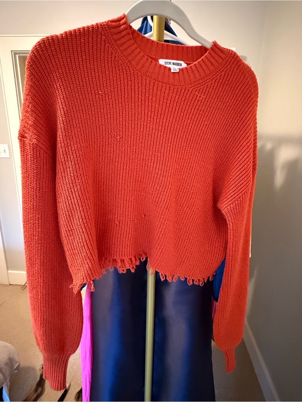 Steve Madden Cropped Distressed Crewneck Sweater - Bright Orange